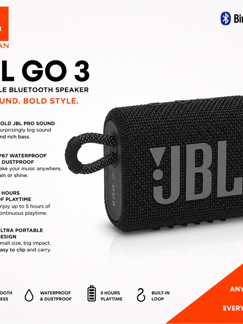 JBL GO 3 Portable Bluetooth Speaker - Black